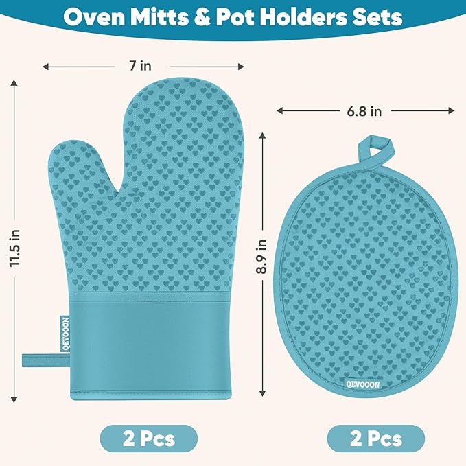 Oven Mitts and Pot Holders 4 Sets, Heat Resistant 500 ℉ Oven Mitt and Pot Holder,Oven Glove&Potholders with Non-Slip Silicone Surface,Kitchen Essentials for Cooking/Baking/BBQ-Lake Blue - Image 2