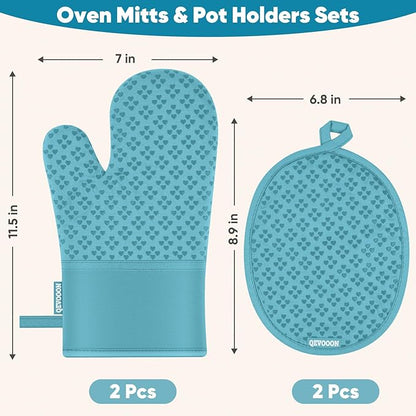 Oven Mitts and Pot Holders 4 Sets, Heat Resistant 500 ℉ Oven Mitt and Pot Holder,Oven Glove&Potholders with Non-Slip Silicone Surface,Kitchen Essentials for Cooking/Baking/BBQ-Lake Blue - Image 2
