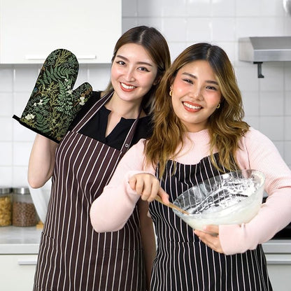 Botanical Print Floral Oven Mitts and Pot Holders Sets Black Sage Green Leaves Kitchen Oven Gloves Hot Pads Farmhouse Potholders and Kitchen Mitts 4Pcs for Baking Cooking BBQ (Black)