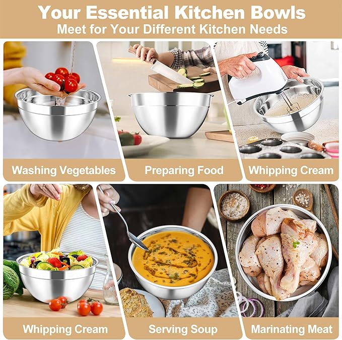 TeamFar Mixing Bowls, 4.5/3/1.5/1/0.7 QT Stainless Steel Nesting Salad Bowls with Visible Lids, For Serving/Mixing/Storing, Non-Toxic & Heavy Duty, Airtight & Easy Clean, Khaki, Set of 5 - Image 6