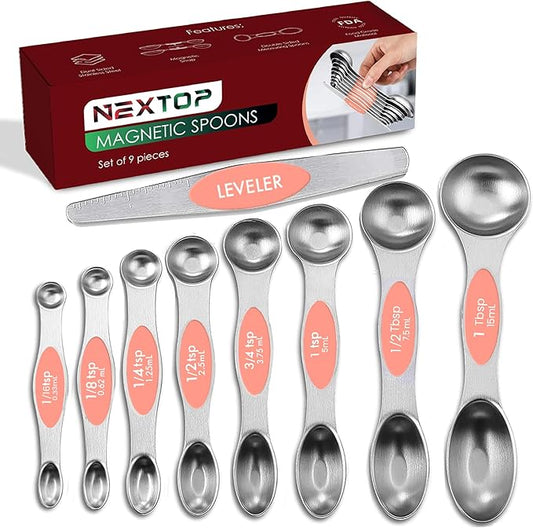 Magnetic Measuring Spoons Set of 9 Stainless Steel Dual-Sided Stackable Measuring Spoon Nesting Teaspoons Measuring Dry and Liquid Ingredients, Fits in Spice Jars Set of 9 (Peach) by Nextop