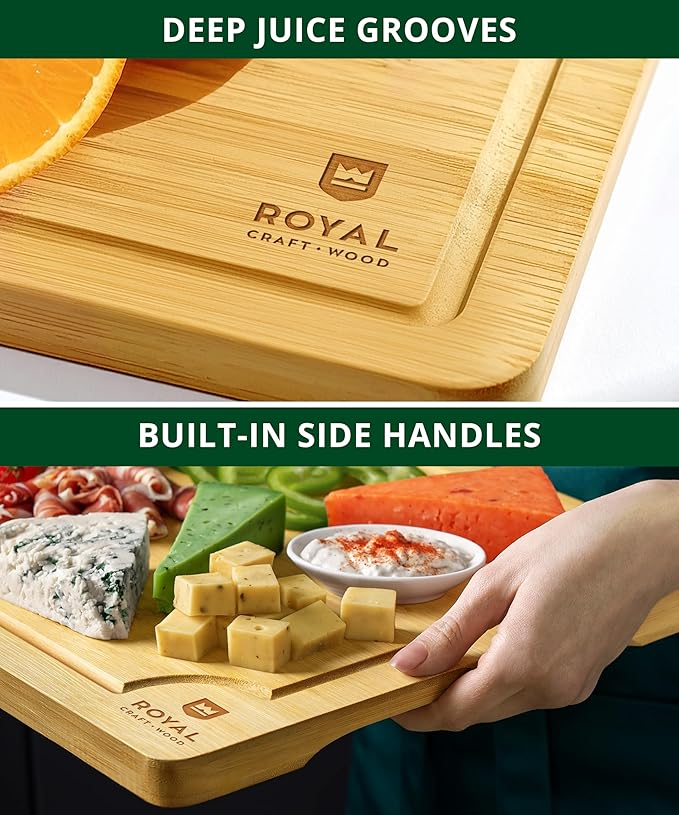 ROYAL CRAFT WOOD Wooden Cutting Boards for Kitchen Meal Prep & Serving - Bamboo Wood Serving Board Set with Deep Juice Groove Side Handles - Charcuterie & Chopping Butcher Block for Meat - Image 6
