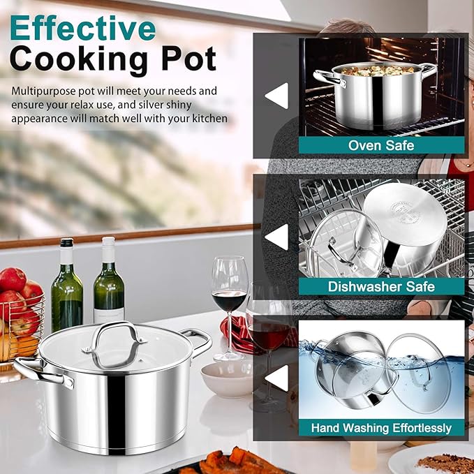 P&P CHEF 6 Quarts Cooking Stock Pot with Lid, Stainless Steel Stockpot Induction Pot for Soup, Tri-Ply Bottom & Clear Glass Lid & Double Handle, Dishwasher Safe - Image 7