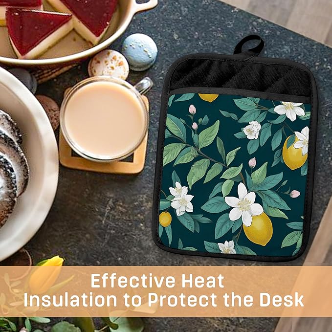 Dark Green Lemon Floral Pot Holders with Pockets, Rustic Botanical Lemon Fruit Oven Pot Holders Heat Resistant Oven Mitts Hot Pads for Kitchen Baking Cooking