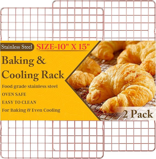2-Pack Cooling Racks for Cooking and Baking - 10" x 15"Heavy Duty Stainless Steel Wire Rack for Baking, Grilling, Roasting - Oven & Dishwasher Safe - Fits Jelly Roll Sheet Pan（Rose Gold） by QukakaHomeCare