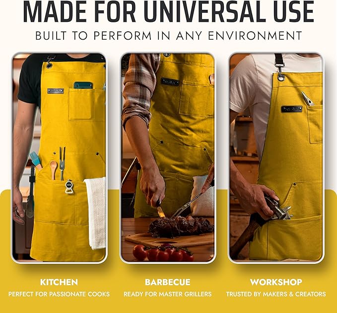 Asaya Chef and BBQ Apron with Bottle Opener and Hand Towel - 10oz Cotton Canvas, Stainless Steel Hardware - Cross Back Straps - Image 7
