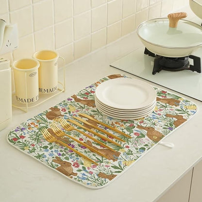 Spring Easter Dish Drying Mat 18 x 24 inch Vintage Rabbit Bunny Decorative Drying Mats Microfiber Absorbent Floral Dish Washable Draining Mat for Kitchen Counter Decor