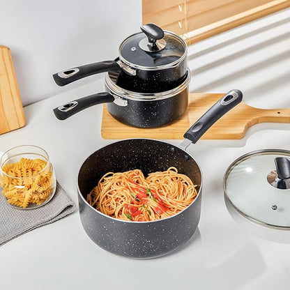 Nonstick Saucepan Set - 3-Pieces Pot Set 1 Quart & 2 Quart & 3 Quart,Ultra Non Stick Sauce Pan Small Pot with Glass Lid,Great for Home Kitchen Restaurant,Black - Image 3