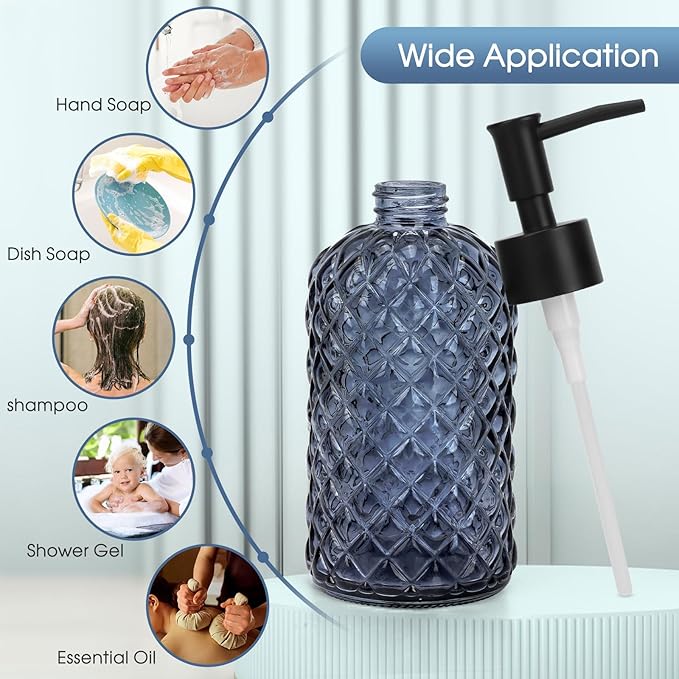 Topsky Gem Glass Soap Dispenser with Black Plastic Pump, 13oz Liquid Hand Soap Dispenser, Rustproof Pump for Kitchen & Bathroom, Great for Lotions, Essential Oil, Liquid Soaps-Grayish Blue - Image 6