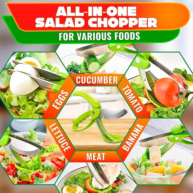 Salad Scissors for Chopped Salad – Multiblade Food Scissor Chopper With Spring-Loaded System & Anti-Slash Head for Fast Double Cutting – 8.9" Handy Size Lettuce Chopper, Stainless Steel Blades - Image 5