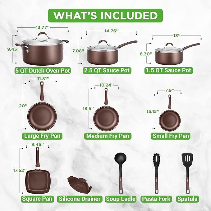 NutriChef 14-Piece Nonstick Brown Cookware Set - Scratch-Resistant Kitchen Pots and Pans with Lids & Utensils, For All Cooktops - NCCW14SBR - Image 4