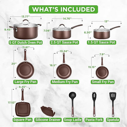 NutriChef 14-Piece Nonstick Brown Cookware Set - Scratch-Resistant Kitchen Pots and Pans with Lids & Utensils, For All Cooktops - NCCW14SBR - Image 4