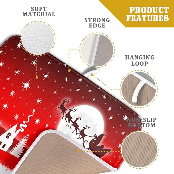 Christmas Reindeer Moon Star Red Dish Drying Mat for Kitchen Counter,White Xmas Tree Castle Drying Mat 16 x 18 Inch with Absorbent Reversible Microfiber Dish Drying Pad for Coffee Bar - Image 4