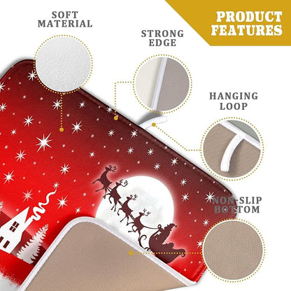 Christmas Reindeer Moon Star Red Dish Drying Mat for Kitchen Counter,White Xmas Tree Castle Drying Mat 16 x 18 Inch with Absorbent Reversible Microfiber Dish Drying Pad for Coffee Bar - Image 4