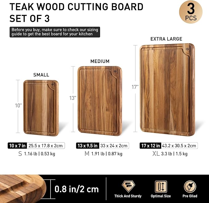 Teak Wood Cutting Board Set for Kitchen High-End Non Toxic Non Slip Over Sink Solid Thick Wood Haus Chopping Board Extra Large Big Small Best Kitchen Essential House Warming Hostess Host Gift - Image 3