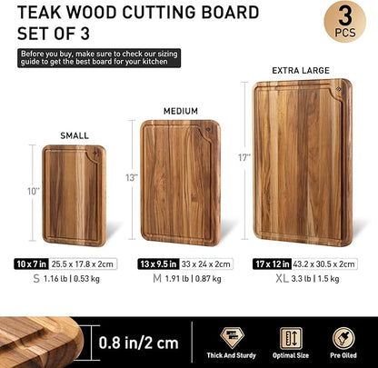 Teak Wood Cutting Board Set for Kitchen High-End Non Toxic Non Slip Over Sink Solid Thick Wood Haus Chopping Board Extra Large Big Small Best Kitchen Essential House Warming Hostess Host Gift - Image 3