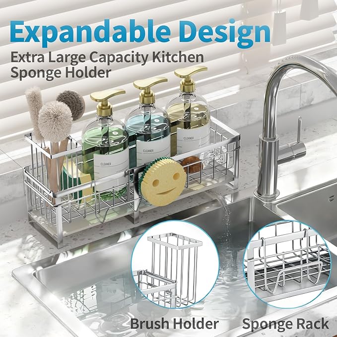 Aurblozen Extra Large Extendable Sponge Holder for Kitchen Sink, Rustproof Sink Caddy Organizer with High Brush Holder, Dish Soap Dispenser Organizers and Storage (Stainless Steel) - Image 4