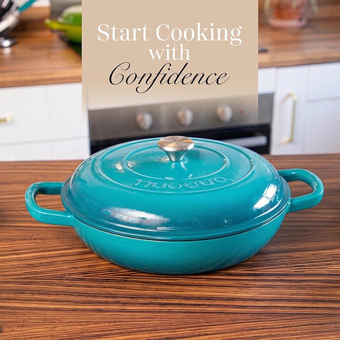 nuovva Shallow Cast Iron Casserole with Lid – Non Stick Dutch Oven Pot, Oven Safe up to 500° F – Sturdy Ovenproof Stockpot Cookware – Enamelled Cooking Pot – Teal, 3.7-Quart, 30cm – by Nuovva