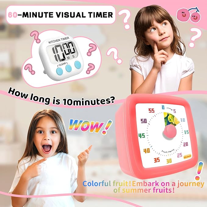 Visual Timer for Kids 60 Minute, Fruit Themed Silent Countdown Clock for Girls & Boys, Time Management Tool for Classroom, Kitchen, Toddler ADHD, Autism, Study, Pomodoro