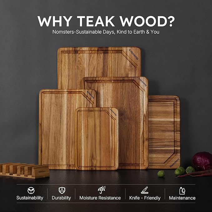 5 Pack Teak Wood Cutting Board Set for Kitchen with Holder Charcuterie Board Serving Heavy Duty Non Toxic Slip Hardwood Over Sink Solid Thick Wooden Chopping Board Large Big Small Best Essential Gift - Image 3