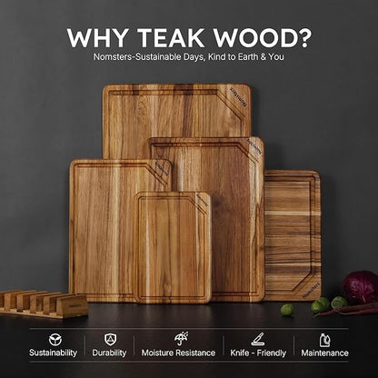 5 Pack Teak Wood Cutting Board Set for Kitchen with Holder Charcuterie Board Serving Heavy Duty Non Toxic Slip Hardwood Over Sink Solid Thick Wooden Chopping Board Large Big Small Best Essential Gift - Image 3