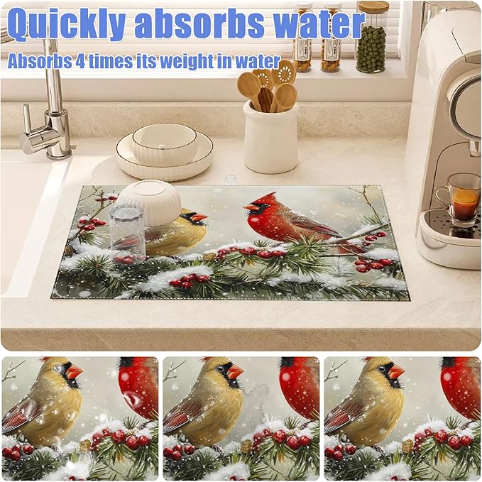 Winter Cardinal Bird Dish Drying Mat for Kitchen Counter Snow Drying Pad Absorbent Reversible Dish Drainer Rack Mats Draining Pad 18"x24"Inch - Image 4