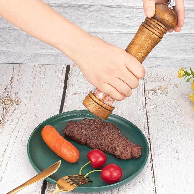 Haomacro Pepper Grinder, Wood Salt and Pepper Mills Set, Classic Manual Spice Grinder Refillable Salt Mill Sets with Acrylic Visible Window Adjustable Ceramic Grinding Rotor 8 inch 2 Pack - Image 3