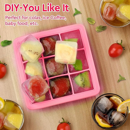 Silicone Ice Cube Tray with Lid,9x1.3 inch,Small Ice Cube Trays for Freezer | Mini Ice Cube Trays-Nugget Ice Tray with lid for Mini Fridge with Freezer for Coffee,Baby Food,Pink ice tray