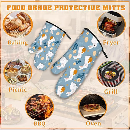 Easter Oven Mitts and Pot Holders Set,Cute Rabbit Kitchen Decor Heat Resistant Non Slip Hot Pads and Oven Mitt for Chef Cooking Baking BBQ Mom Girl Gifts(4 Piece Set)