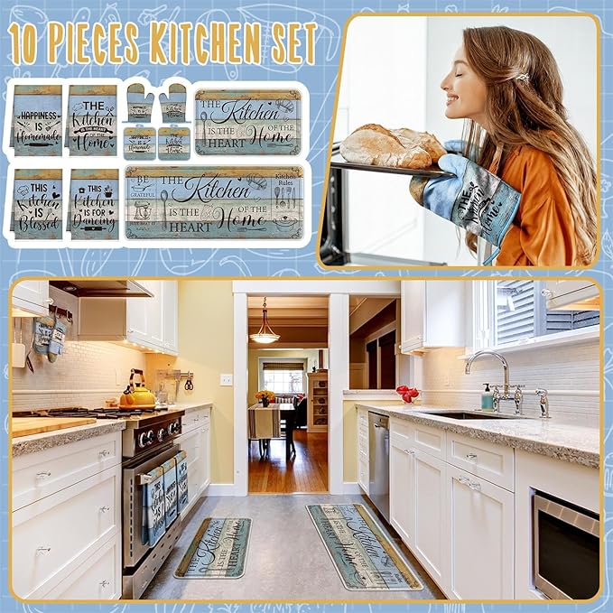 Fourluoo 10 Pcs Farmhouse Kitchen Decor and Accessories Set 4 Kitchen Towels 2 Pot Holders 2 Oven Mitts 2 Rugs for Cooking Baking Mom Housewarming Gifts(Bright Wood Grain,Classic Style) - Image 2