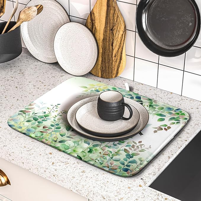 Giwawa Hummingbird Dish Drying Mat for Kitchen Countertop, Spring Summer Sage Green Eucalyptus Leaves Dish Drainer Mats, Herb Botanical Microfiber Dish Drying Pad Home Decor, 16"x18", Small