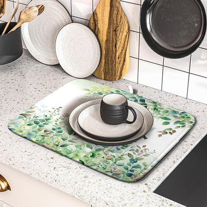Giwawa Hummingbird Dish Drying Mat for Kitchen Countertop, Spring Summer Sage Green Eucalyptus Leaves Dish Drainer Mats, Herb Botanical Microfiber Dish Drying Pad Home Decor, 16"x18", Small