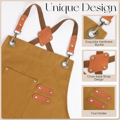Chef Aprons for Men Women with Large Pockets, Cotton Canvas Water Repellent Kitchen Apron for Cooking