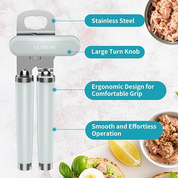 Ultrean Manual Can Opener Bottle Opener, Heavy Duty Stainless Steel Smooth Edge Manual Hand Held Can Opener With Soft Touch Handle, Rust Proof Oversized Handheld Easy Turn Knob (Mint Green) - Image 2