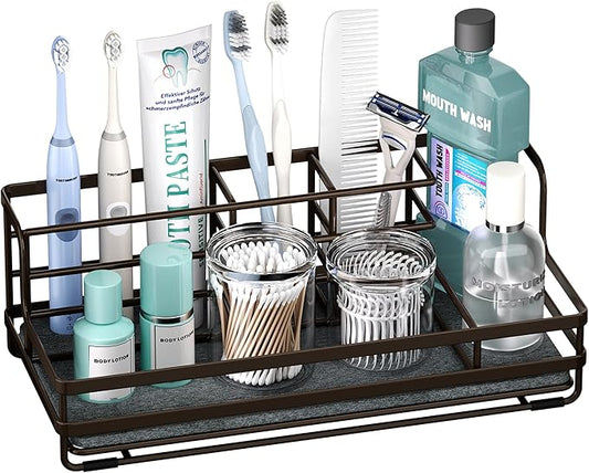 HapiRm Toothbrush Holders for Bathroom - 5 Partitions Bathroom Counter Organizer with Instant Drying Stone, Stainless Steel Countertop Storage Electric Toothbrush Toothpaste Holder - Bronze