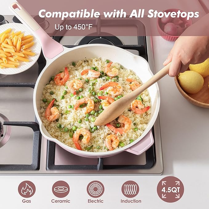 SENSARTE Nonstick Ceramic Skillet with Lid 11-inch, 4.5QT Non Toxic Deep Frying Pan, Saute Pan with Lid, Stay-cool Handle, Healthy Cooking Pot, Induction Compatible, Pink - Image 3