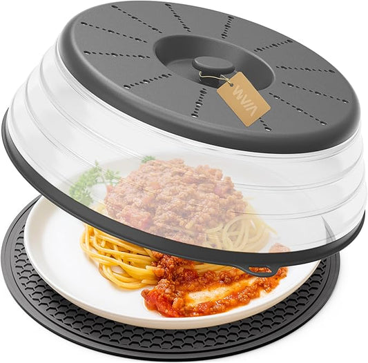 WVM Microwave Splatter Cover & Mat, Vented Collapsible Splatter Guard dish Plate lid & Silicone Round Kitchen Mat for Food, Meal Prep, Dark Grey by WVM