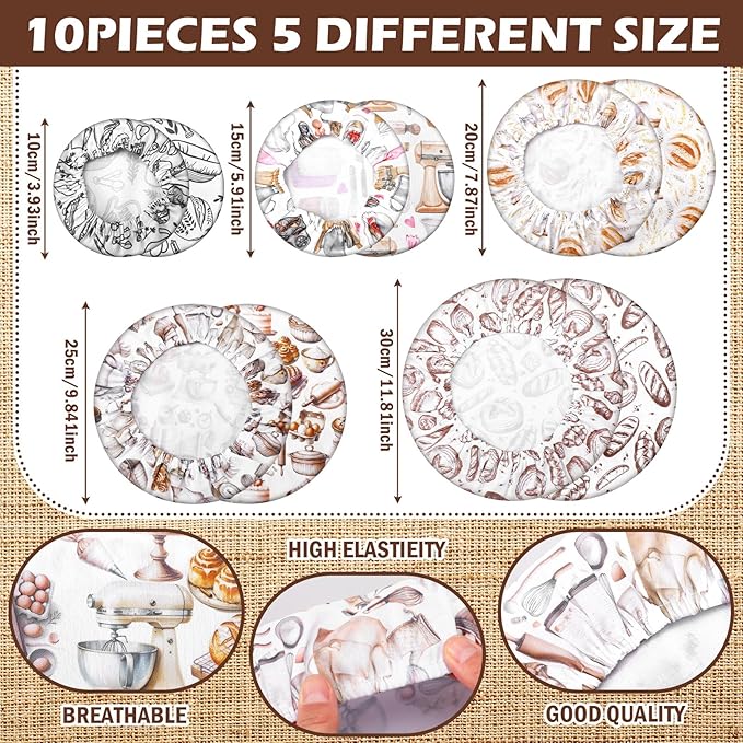 Patelai 10 Pcs Bowl Covers Reusable in 5 Size Stretch Cloth Fabric Elastic Food Storage Bowl Covers Bread Sourdough Lids for Proofing Food Fruits Leftover(Brown,Kitchen Style) - Image 3