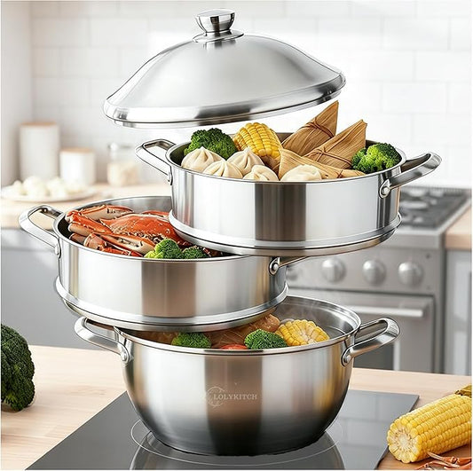LOLYKITCH 8-Quart/ 30CM Stainless Steel Steamer Pot - 3 Tier Steamer for Cooking Dumplings & Veggies, 12 Inch Large Induction Stock Pot for All Stovetops, Heavy Duty