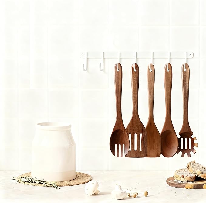 5-Piece Kitchen & Cooking Utensils Set - Natural Acacia Wood Material Includes Salad Spoons, Spaghetti Spoon, Salad Fork, Flat Spatula,Slotted Spatula- Essential Wooden Utensil Set for Cooking