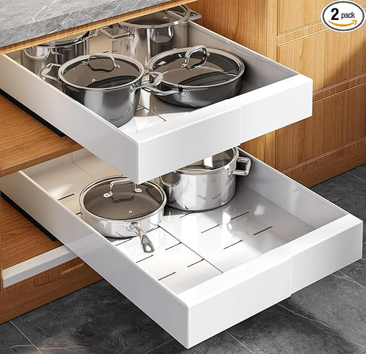 Seinloes 2 Pack Expandable (9"-14") Pull Out Cabinet Organizer 21" Deep With Raising Pad for Framed Cabinets,Upgrade 3 Slide Rails Slide Out Drawers,No Drill Roll Out Shelves Adhesive,White by Seinloes