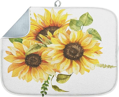 Sanwarm Absorbent Dish Drying Mat, Bouquet Daisy Flower Sun Sunflowers Microfiber Pad for Kitchen Counter, Coffee Bar Decor, Heat Resistant and Reversible, 18" x 24"