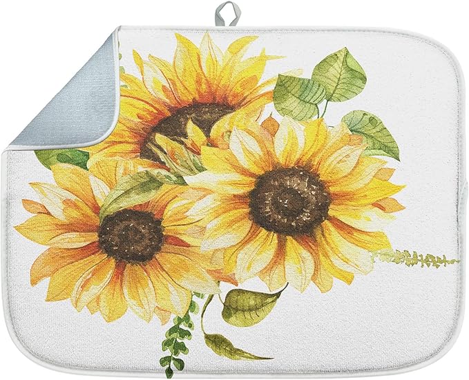 Sanwarm Absorbent Dish Drying Mat, Bouquet Daisy Flower Sun Sunflowers Microfiber Pad for Kitchen Counter, Coffee Bar Decor, Heat Resistant and Reversible, 16" x 18"