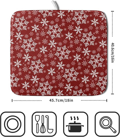 Christmas Dish Drying Mat for Kitchen Counter 18x16 Inch Xmas Snowflake Drying Mat with Absorbent Reversible Microfiber Red Dish Drainer Mats Rack Pad for Coffee Countertop Protector