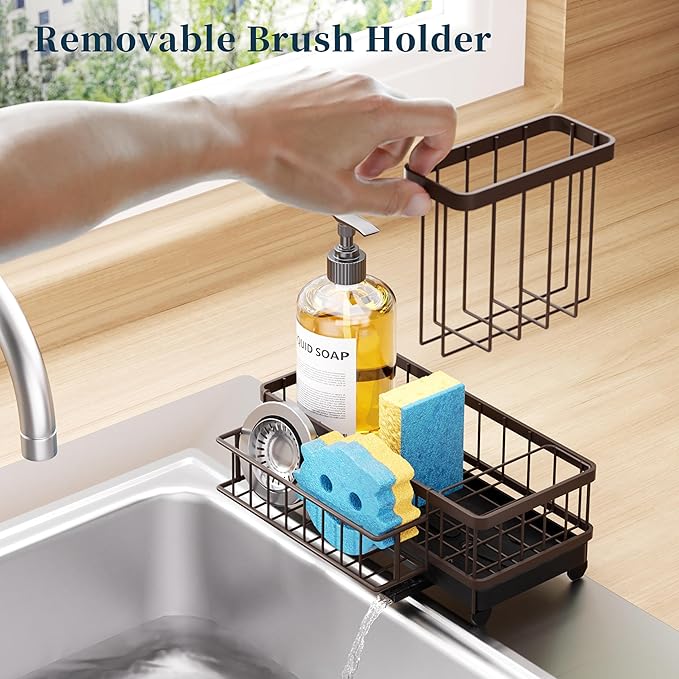 Consumest Sponge Holder for Kitchen Sink - Auto Draining Sink Caddy Organizer with Detachable Rack, High Brush Holder, Kitchen Countertop Storage Accessories, Bronze - Image 3
