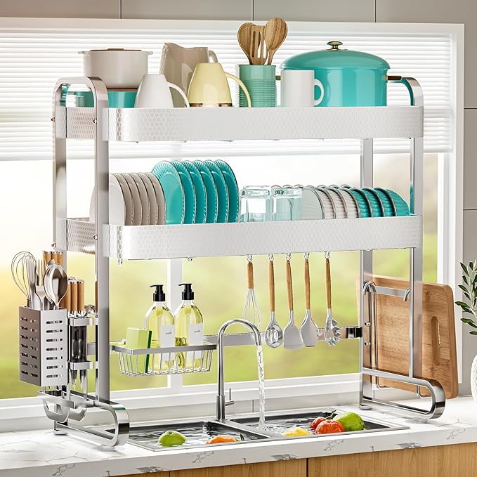 HOWDIA 3-Tier Over The Sink Dish Drying Rack, 304 Stainless Steel Dish Rack with Honeycomb Design, Cutlery Holder & Chopping Board Rack, 33.86” x 11.81” x 33.07” for Maximum Kitchen Storage by HOWDIA