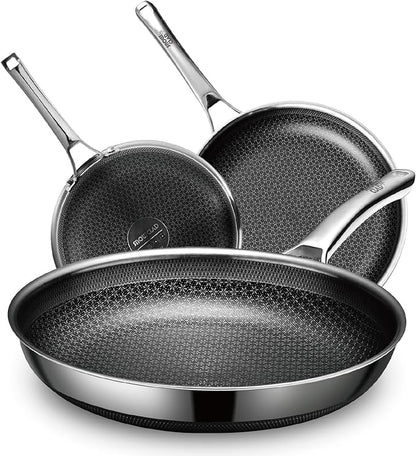 SNOWCLAD 3 Piece Hybrid Nonstick Pans Set, 8+10+12 Inch Nonstick Frying Pans Set, Stainless Steel Skillet, Dishwasher, Induction, Oven & Broiler Safe, PFOA Free Kitchen Cookware Set