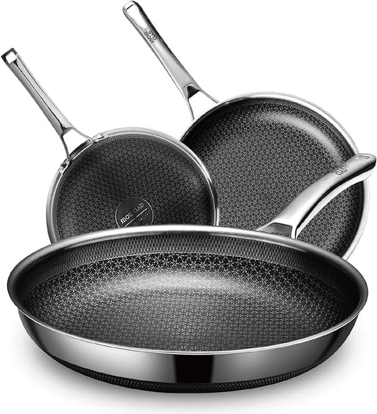 SNOWCLAD 3 Piece Hybrid Nonstick Pans Set, 8+10+12 Inch Nonstick Frying Pans Set, Stainless Steel Skillet, Dishwasher, Induction, Oven & Broiler Safe, PFOA Free Kitchen Cookware Set