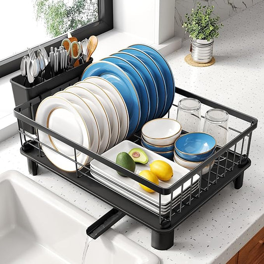 SNTD Dish Drying Rack - Space-Saving Dish Rack for Kitchen Counter, Stainless Steel Dish Drainer with Utensil Holder and Drainboard, 11" W x 15" L (Black) by SNTD