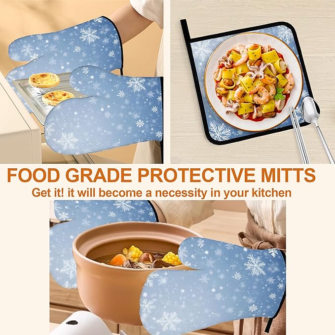 Winter Snowflakes Oven Mitts and Heat Resistant Pads - Heat Resistant Gloves Potholder Set of 4 for Cooking, BBQ, Gifts for Women